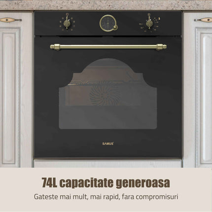 Cuptor incorporabil Samus SC630VTA9 Black, Capacitate 74 litri, 9 functii, Putere cuptor 2610-3110 W, Grill electric, Ventilator, Timer digital