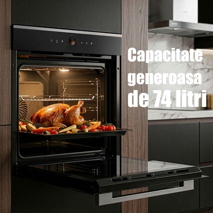 Cuptor incorporabil Samus SC633GDT15, 74 L, Panou slim din sticla neagra, 15 functii + gatire 3D, Putere cuptor 2890-3440 W, Grill electric