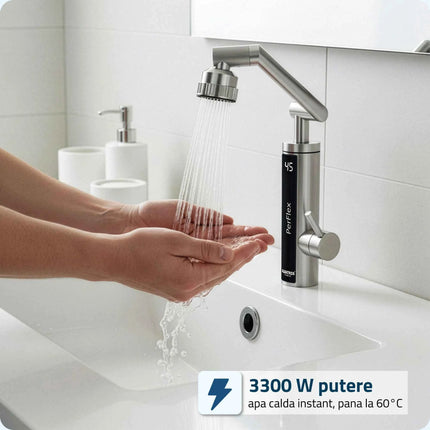 Robinet electric Albatros Perflex, 3300 W, Presiune apa: 0.04-0.5 MPa, Carcasa din inox, Afisaj al temperaturii apei, Debit minim 1 L/min Intrerupator de siguranta ELCB, Rotatie pipa 360°