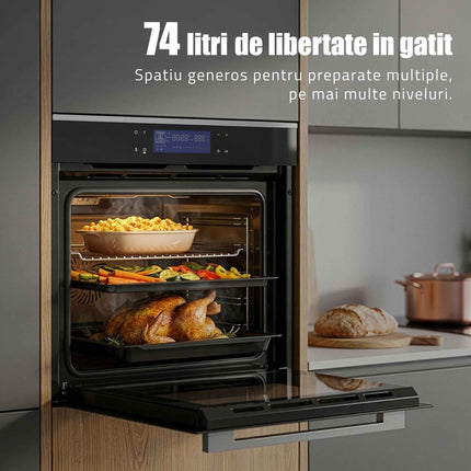 Cuptor incorporabil Samus SC632GDT13, Capacitate 74 litri, 13 functii + gatire 3D, Putere cuptor 2890-3440 W, Ventilator, Timer digital, Negru