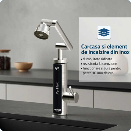 Robinet electric Albatros Perflex, 3300 W, Presiune apa: 0.04-0.5 MPa, Carcasa din inox, Afisaj al temperaturii apei, Debit minim 1 L/min Intrerupator de siguranta ELCB, Rotatie pipa 360°