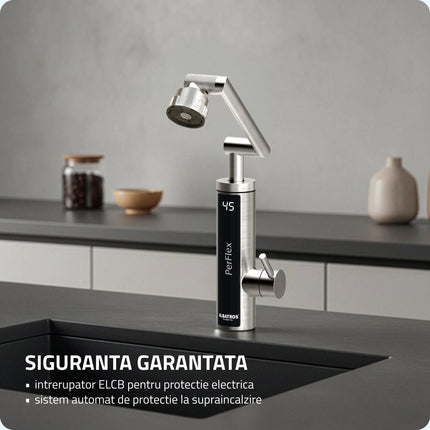 Robinet electric Albatros Perflex, 3300 W, Presiune apa: 0.04-0.5 MPa, Carcasa din inox, Afisaj al temperaturii apei, Debit minim 1 L/min Intrerupator de siguranta ELCB, Rotatie pipa 360°