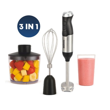 Mixer vertical 3 in 1 Daewoo DHB60BX, 600 W, tija detasabila din inox, 2 trepte de viteza, lama din inox, Negru/inox