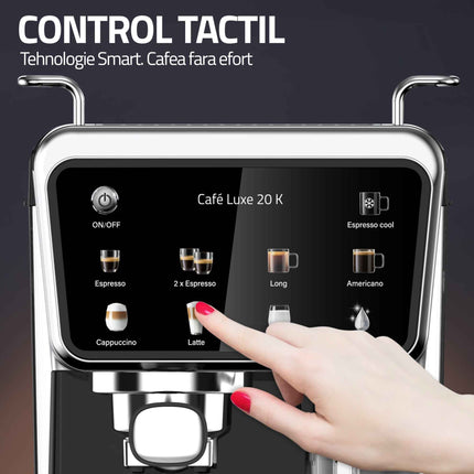 Espressor Samus Cafe Luxe 20 K, 20 bari, Rezervor lapte 500 ml, 8 tipuri de bauturi, Cafea macinata sau capsule de cafea, Putere 1350 W, Rezervor de apa 1.5 litri, Touch Control, Negru/Inox