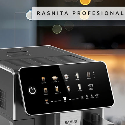 Espressor Samus Sensation, 9 bauturi automate, 15 bari, Capacitate rasnita 300 g, 1350 W, Rezervor apa 1.5 litri, Rezervor lapte 300 ml, Sistem de curatare automata, Reglare grad macinare, Negru