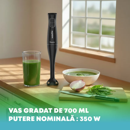 Mixer vertical nobeLTek NHB35B, 350 W, 2 trepte de viteza, functie turbo, lama din inox, accesoriu pahar gradat 700 ml, zgomot redus, Negru