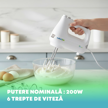 Mixer de mana nobeLTek NHM20W, 200 W, functie Turbo, 6 viteze, accesoriu tel, carlige aluat, Alb