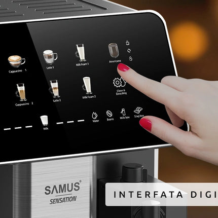 Espressor Samus Sensation, 9 bauturi automate, 15 bari, Capacitate rasnita 300 g, 1350 W, Rezervor apa 1.5 litri, Rezervor lapte 300 ml, Sistem de curatare automata, Reglare grad macinare, Negru