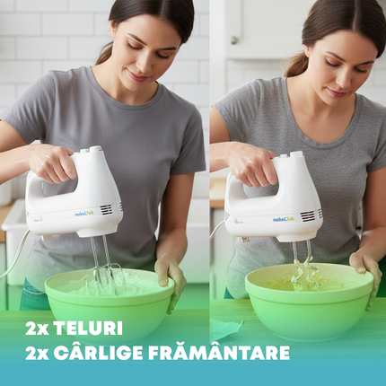 Mixer de mana nobeLTek NHM20W, 200 W, functie Turbo, 6 viteze, accesoriu tel, carlige aluat, Alb