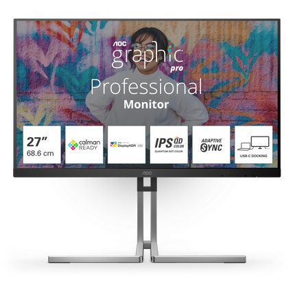 "Monitor AOC 27"" Q27U3CV, Diagonal (inch): 27, Diagonal (cm): 69, Aspect ratio: 16:9, Panel: QD-IPS, Resolution: 2560x1440, Refresh Rate: 75Hz, Response time GtG: 4ms, Brightness (max): 420 cd/mÂ², Contrast (static) : 1000:1, Contrast (dynamic): 50M:1, Viewing angle: 178/178, Color Gamut Type