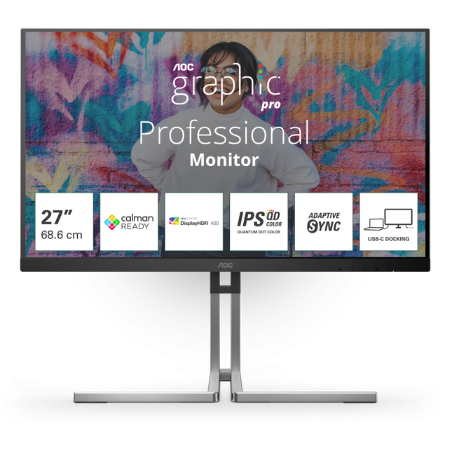 "Monitor AOC 27"" Q27U3CV, Diagonal (inch): 27, Diagonal (cm): 69, Aspect ratio: 16:9, Panel: QD-IPS, Resolution: 2560x1440, Refresh Rate: 75Hz, Response time GtG: 4ms, Brightness (max): 420 cd/mÂ², Contrast (static) : 1000:1, Contrast (dynamic): 50M:1, Viewing angle: 178/178, Color Gamut Type