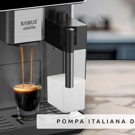 Espressor Samus Sensation, 9 bauturi automate, 15 bari, Capacitate rasnita 300 g, 1350 W, Rezervor apa 1.5 litri, Rezervor lapte 300 ml, Sistem de curatare automata, Reglare grad macinare, Negru