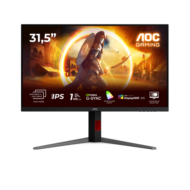 Monitor AOC 31.5" U32G4U, Diagonal (inch): 31.5, Diagonal (cm): 80, Aspect ratio: 16:9, Panel: Fast IPS, Resolution: 3840x2160, Refresh Rate: 160Hz, Response time GtG: 1ms, Response time MPRT: 0.5ms, Brightness (max): 450 cd/mÂ², Contrast (static) : 1000:1, Contrast (dynamic): 80M:1, Viewing angle