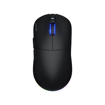 Mouse wireless Hator Quasar 3, conectivitate 2.4GHz, bluetooth si USB, polling rate pana la 1000Hz, rezolutie maxima 12000 DPI, capacitate baterie 600 mAh, durata de viata baterie in modul wireless pana la 100 ore, timp incarcare 2 ore, switch HATORÂ® Optical 100M, side switch Huano 3M, iluminare RGB