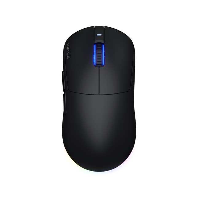 Mouse wireless Hator Quasar 3, conectivitate 2.4GHz, bluetooth si USB, polling rate pana la 1000Hz, rezolutie maxima 12000 DPI, capacitate baterie 600 mAh, durata de viata baterie in modul wireless pana la 100 ore, timp incarcare 2 ore, switch HATORÂ® Optical 100M, side switch Huano 3M, iluminare RGB