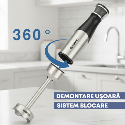 Mixer vertical Daewoo DHB100X, 1000 W, tija detasabila din inox, 6 trepte de viteza, functie turbo, lama din inox, Negru/inox