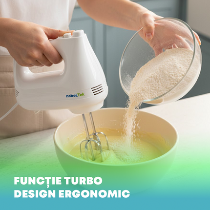 Mixer de mana nobeLTek NHM20W, 200 W, functie Turbo, 6 viteze, accesoriu tel, carlige aluat, Alb
