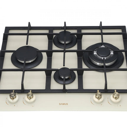 Plită incorporabilă Samus PSG-64VG1 – gaz, 4 arzătoare, grătar fontă, design retro, aprindere electrică, sticlă bej
