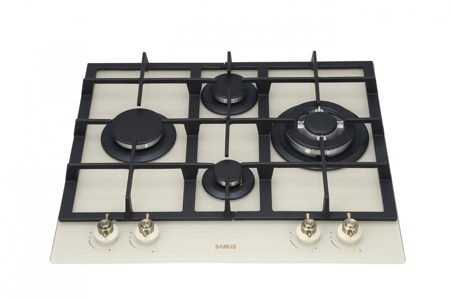 Plită incorporabilă Samus PSG-64VG1 – gaz, 4 arzătoare, grătar fontă, design retro, aprindere electrică, sticlă bej