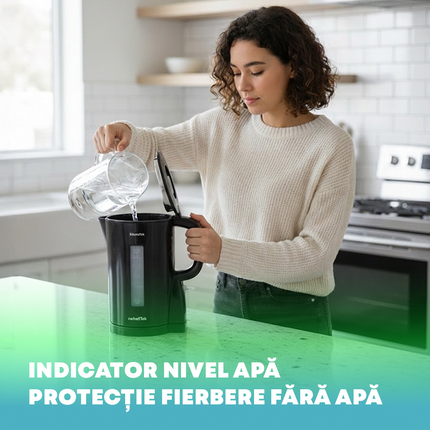 Fierbator electric nobeLTek NKE120B, 2200 W, 1.7 l capacitate, protectie fierbere fara apa, design ergonomic, curatare facila, Negru