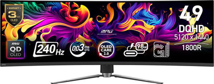 Monitor MSI 49" MPG 491CQPX QD-OLED, Curvature: 1800R, Diagonal (inch): 49, Diagonal (cm): 124, Aspect ratio: 32:9, Panel: QD-OLED, Resolution: 5120x1440, Refresh Rate: 240Hz, Response time GtG: 0.03ms, Brightness (max): 450 cd/mÂ², Contrast (static) : 1.5M:1, Viewing angle: 178/178, Color Gamut
