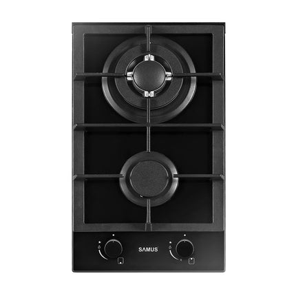 Plită incorporabilă Samus PSG-32SG2 – gaz, 2 arzătoare, grătar fontă, aprindere electrică, 29 cm, sticlă neagră