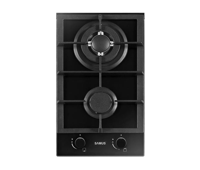Plită incorporabilă Samus PSG-32SG2 – gaz, 2 arzătoare, grătar fontă, aprindere electrică, 29 cm, sticlă neagră