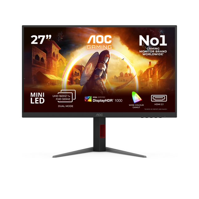 Monitor AOC 27" U27G4XM, Diagonal (inch): 27, Diagonal (cm): 68, Aspect ratio: 16:9, Panel: Fast IPS, Resolution: 3840x2160, Refresh Rate: 160Hz, Response time GtG: 1ms, Brightness (max): 1200 cd/mÂ², Contrast (static) : 1000:1, Contrast (dynamic): 80M:1, Viewing angle: 178/178, Color Gamut Type