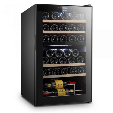 Racitor vinuri Samus SRV98LMCD (33), 5 rafturi din lemn, 88 litri, capacitate 33 sticle, clasa G, 2 zone de racire, termostat reglabil, racire cu compresor, iluminare interioara LED, control tactil cu afisaj electronic, 88 x 53.5 x 46.5 cm