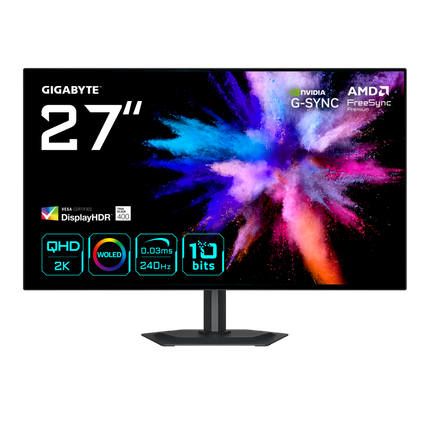 GIGABYTE GO27Q24G. Diagonala ecranului: 68,6 cm (27"), RezoluÈ›ia ecranului: 2560 x 1440 pixeli, Tip HD: Quad HD, Tehnologie ecran: OLED, Timp de rÄƒspuns: 0,03 ms, Raport de aspect nativ: 16:9, Unghi de vizualizare, orizontal: 178Â°, Unghi de vizualizare, vertical: 178Â°. Montare VESA, Reglare