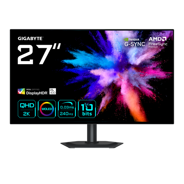 GIGABYTE GO27Q24G. Diagonala ecranului: 68,6 cm (27"), RezoluÈ›ia ecranului: 2560 x 1440 pixeli, Tip HD: Quad HD, Tehnologie ecran: OLED, Timp de rÄƒspuns: 0,03 ms, Raport de aspect nativ: 16:9, Unghi de vizualizare, orizontal: 178Â°, Unghi de vizualizare, vertical: 178Â°. Montare VESA, Reglare