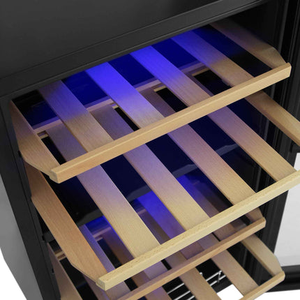 Racitor vinuri Samus SRV98LMCD (33), 5 rafturi din lemn, 88 litri, capacitate 33 sticle, clasa G, 2 zone de racire, termostat reglabil, racire cu compresor, iluminare interioara LED, control tactil cu afisaj electronic, 88 x 53.5 x 46.5 cm