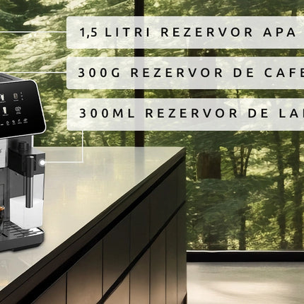 Espressor Samus Sensation, 9 bauturi automate, 15 bari, Capacitate rasnita 300 g, 1350 W, Rezervor apa 1.5 litri, Rezervor lapte 300 ml, Sistem de curatare automata, Reglare grad macinare, Negru
