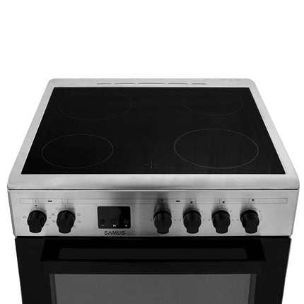 Aragaz Samus SM664VTE, 4 Zone de Gatit Vitroceramice, Full Electric, Cuptor 56 L, 10 Funcții, Convectie 3 D, Grill, Inox