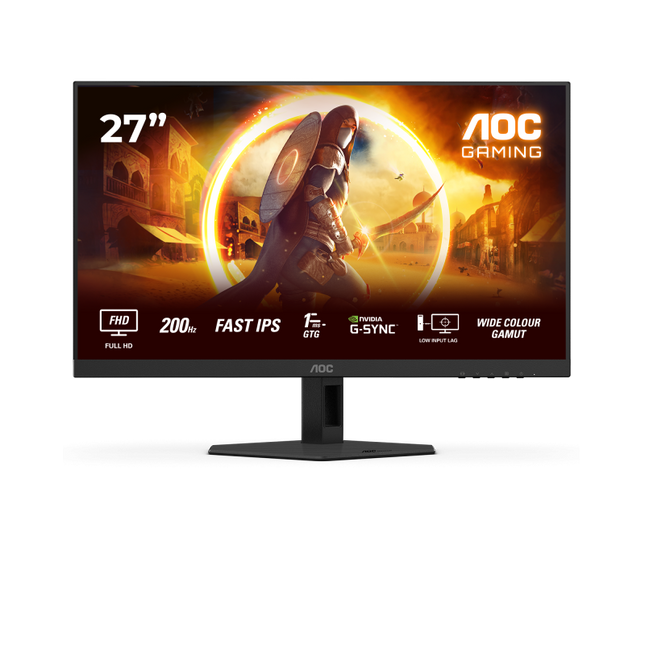 Monitor AOC 27" 27G4HRE, Diagonal (inch): 27, Diagonal (cm): 68, Aspect ratio: 16:9, Panel: Fast IPS, Resolution: 1920x1080, Refresh Rate: 200Hz, Response time GtG: 1ms, Response time MPRT: 0.5ms, Brightness (max): 300 cd/mÂ², Contrast (static) : 1000:1, Contrast (dynamic): 80M:1, Viewing angle