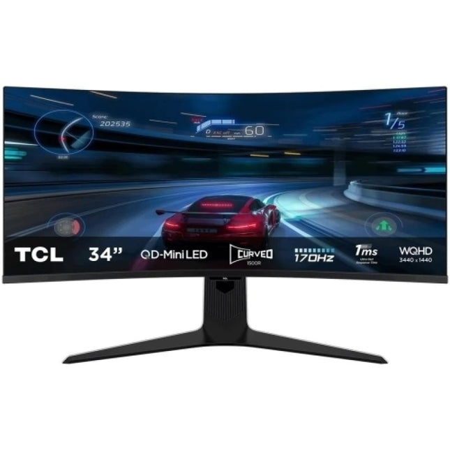 Monitor TCL 34" 34R83Q, Curvature: 1500R, Diagonal (inch): 34, Diagonal (cm): 86, Aspect ratio: 21:9, Panel: QD-Mini LED, Resolution: 3440x1440, Refresh Rate: 170Hz, Response time GtG: 1ms, Brightness (max): 1600 cd/mÂ², Contrast (static) : 4000:1, Viewing angle: 178/178, Color Gamut Type: DCI-P3
