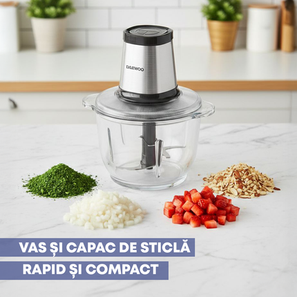 Tocator Daewoo SDA, putere 500 W, capacitate 2 l, functie pulse, numar lame 4 din inox, sistem siguranta recipient, zgomot redus, Inox