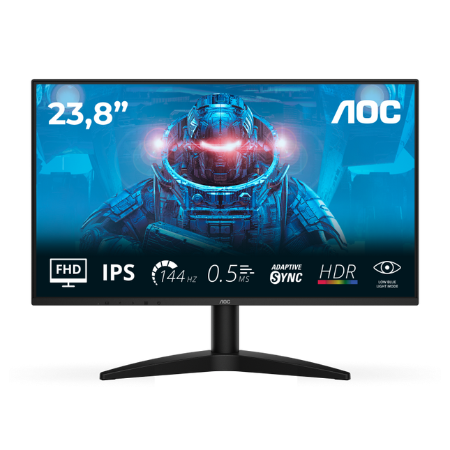 Monitor AOC 23.8" 24B36X, Diagonal (inch): 23.8, Diagonal (cm): 60, Aspect ratio: 16:9, Panel: IPS, Resolution: 1920x1080, Refresh Rate: 144Hz, Response time GtG: 4ms, Response time MPRT: 0.5ms, Brightness (max): 300 cd/mÂ², Contrast (static) : 1500:1, Contrast (dynamic): 20M:1, Viewing angle