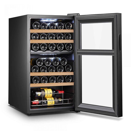 Racitor vinuri Samus SRV98LMCD (33), 5 rafturi din lemn, 88 litri, capacitate 33 sticle, clasa G, 2 zone de racire, termostat reglabil, racire cu compresor, iluminare interioara LED, control tactil cu afisaj electronic, 88 x 53.5 x 46.5 cm