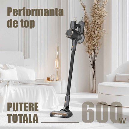 Aspirator vertical 2 in 1 Samus Sticky 61 Eco Gold Led, Putere motor 600 W, Putere aspirare 180 W (17 kPa), Perie motorizata cu LED-uri, Capacitate rezervor 800 ml, Tip cyclonic, Gri/Auriu