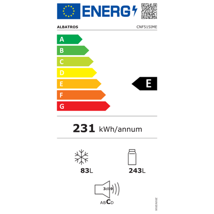 Combina frigorifica Albatros CNF515IME, Full No Frost, Motor Inverter, 326 L, Afisaj digital, Clasa energetica E, 3 sertare congelator, H 201 cm, Alb
