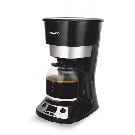 Cafetiera Daewoo DCM90BX, 900 W, 12 cesti, display LCD, filtru permanent, anti-picurare, timer, pornire automata, mentinere cald 40 min, Negru/Inox