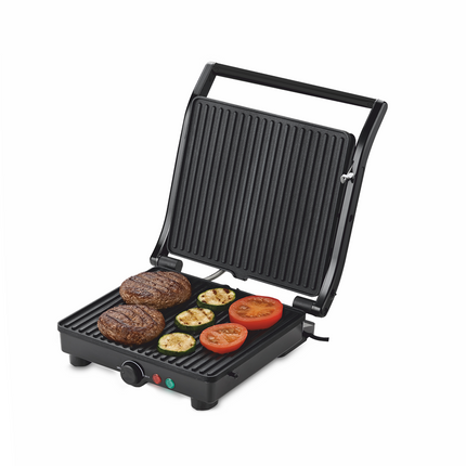 Grill electric 3 in 1 Daewoo DG2000X, 2000W, capac si maner din inox, indicatori luminosi, buton pornire/oprire, termostat reglabil, deschidere placi la 180°, Inox