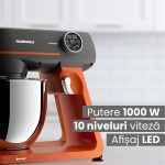Mixer cu bol Daewoo DHM1000, 1000 W, 10 trepte de viteza, bol inox 7 litri, angrenaj metalic, display LED, accesorii incluse, Portocaliu