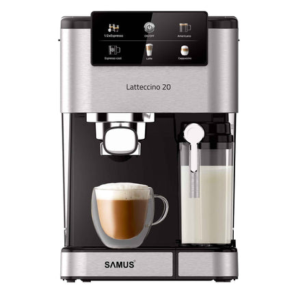 Espressor Samus Latteccino 20, 20 bari, rezervor lapte 500 ml, 6 tipuri bauturi, 1350 W, Rezervor apa 1.5 l, Sistem rapid de incalzire thermalblock, Inox/ Negru