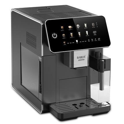Espressor Samus Sensation, 9 bauturi automate, 15 bari, Capacitate rasnita 300 g, 1350 W, Rezervor apa 1.5 litri, Rezervor lapte 300 ml, Sistem de curatare automata, Reglare grad macinare, Negru