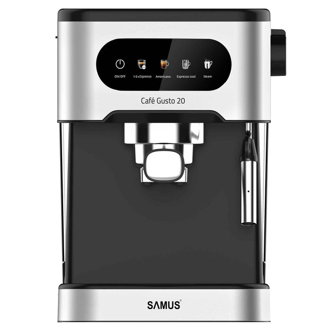 Espressor Samus Cafe Gusto 20, 20 bari, Putere 1350 W, Rezervor de apa transparent detasabil 1.5 litri, 5 optiuni presetate, Rezervor apa 1.5 L, Negru