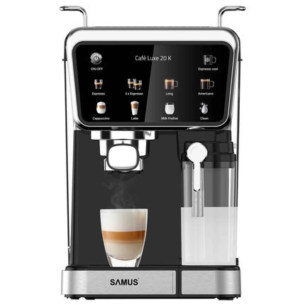 Espressor Samus Cafe Luxe 20 K, 20 bari, Rezervor lapte 500 ml, 8 tipuri de bauturi, Cafea macinata sau capsule de cafea, Putere 1350 W, Rezervor de apa 1.5 litri, Touch Control, Negru/Inox