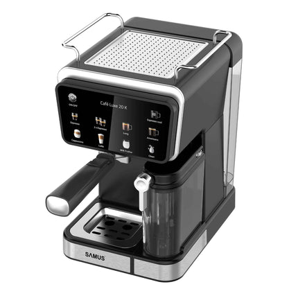 Espressor Samus Cafe Luxe 20 K, 20 bari, Rezervor lapte 500 ml, 8 tipuri de bauturi, Cafea macinata sau capsule de cafea, Putere 1350 W, Rezervor de apa 1.5 litri, Touch Control, Negru/Inox