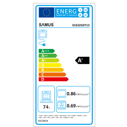 Cuptor incorporabil Samus SC632GDT13, Capacitate 74 litri, 13 functii + gatire 3D, Putere cuptor 2890-3440 W, Ventilator, Timer digital, Negru